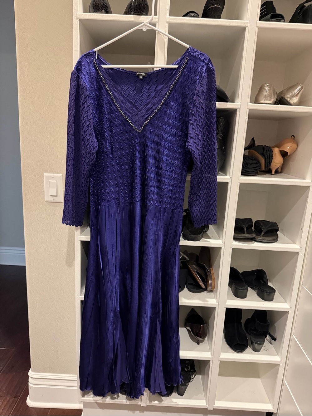 Komarov Deep Purple Long Sleeve Pleated Maxi Dress